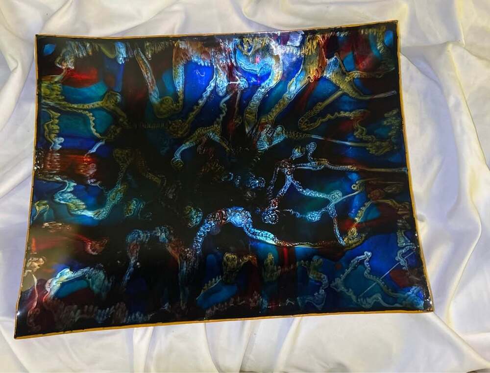 Vintage Mid-Century Mexican Enamel on Copper Wall Art Plaque - Leather Back